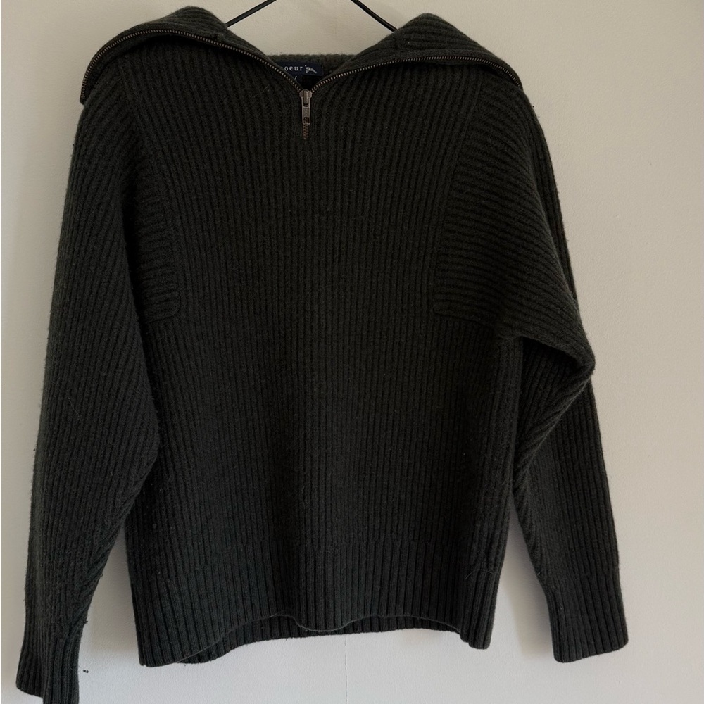 Soeur Paris Chunky Ribbed Half Zip in Dark Olive - Size 1